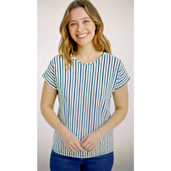 T by Talbots Ribbed Drop Shoulder Tee White Blue Green Stripe small Short Sleeve - Picture 1 of 10